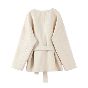 Rear view of cream short wool coat featuring a waist belt and wide sleeves in soft fabric