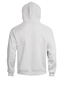 Rear view of white double-layer drawstring hoodie with ribbed cuffs and loose street fit