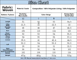 Tableau des tailles pour veste beige en suédine pour femme avec mesures en cm