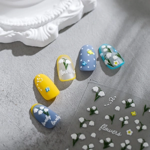 Lily Of The Valley 5D Embossed Nail Art Stickers Daisy Butterfly Self Adhesive Elegant Floral Manicure Decals