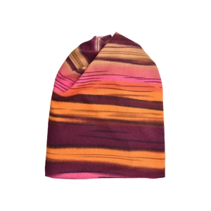 Close-up of vibrant purple and orange striped knit beanie texture for autumn and winter