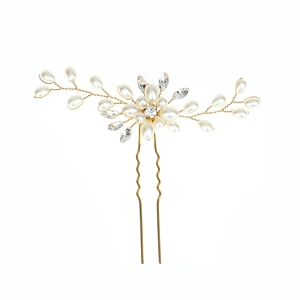 Handmade bridal flower hair pin with white pearls and sparkling crystals in gold finish