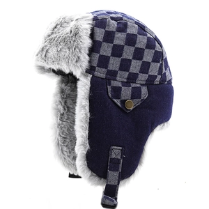 Checkered Winter Trapper Hat Faux Fur Lining Ear Flaps Cotton Polyester Windproof Warm Aviator Bomber Hat For Adults