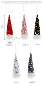Detail view showing five sequin gnome ornaments with height and width dimensions