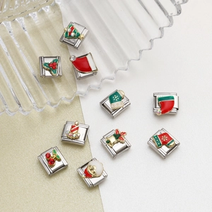 Christmas Italian Charm Links Stainless Steel Enamel Rhinestone Modular Bracelet DIY Jewelry Accessories For Women Gift