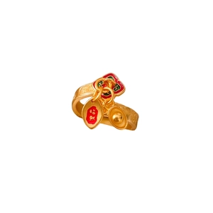 Golden flower and ingot charm open ring in traditional Chinese style for women
