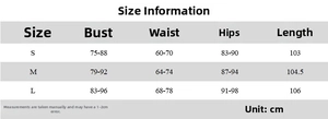 Detailed size chart for strapless bodycon maxi dress with bust, waist, and hip measurements