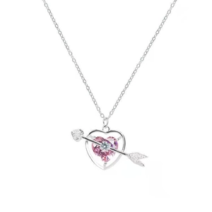 Pink heart Cupid arrow pendant necklace in silver finish with sparkling zircon stones