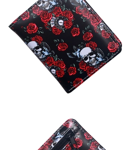 Gothic skull and red rose pattern printed on black PU leather bifold wallet with zipper detail
