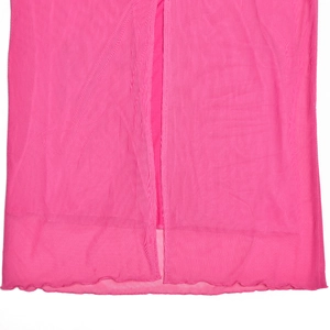 Detail of pink mesh dress featuring a center slit and stylish lettuce edge hemline