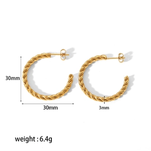 18K gold plated stainless steel twisted rope C-shaped hoop earrings 30mm diameter