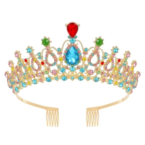 Elegant gold bridal tiara with colorful rhinestones and a red teardrop crystal