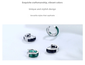 Detail of S925 silver hoop earrings with faceted blue and green agate stones