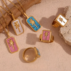 18K gold plated necklace and square ring featuring palm tree and colorful shell inlay