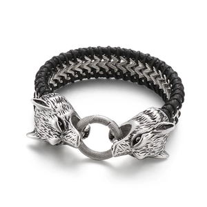 Men's Nordic wolf head braided leather bracelet with stainless steel dual wolf ring clasp