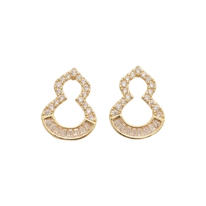 Elegant gold hollow gourd stud earrings with zircons and baguette cut stones
