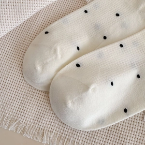Dettaglio di calze in maglia bianca a pois neri su un tappetino in tessuto morbido