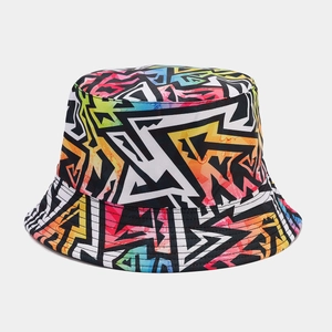 Double-sided reversible bucket hat with vibrant graffiti letters and colorful patterns