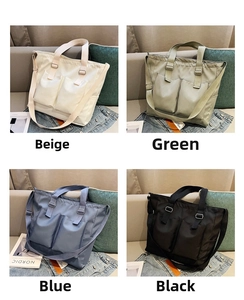 Waterproof nylon tote bag in four colors with functional front pockets and straps