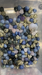 Mix of colorful 15mm heart-shaped polished natural crystal stones and semi-precious gems