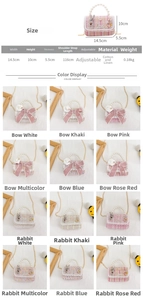 Size guide for kids bowknot pearl handbag showing dimensions and various color options