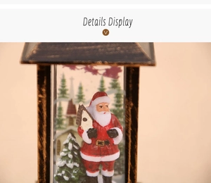 Detailed close-up of retro bronze Christmas lantern with Santa Claus and snowy tree scene