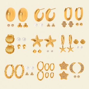 3-pair set of gold stainless steel earrings with pearls, starfish, and zircon studs