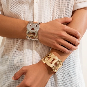 Men's luxury geometric open bangle with hollow woven pattern in gold and silver finish