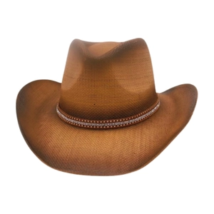 Brown woven western cowboy hat with rhinestone trim and wide upturned brim for women and men