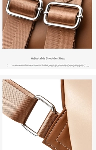 Detail of adjustable nylon and leather strap with polished metal buckle on travel backpack