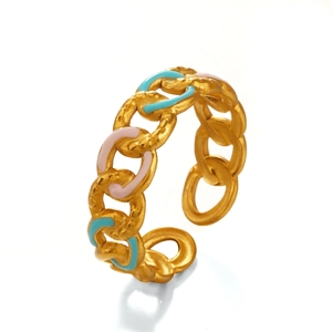 Gold chain ring with blue and pink enamel accents and an adjustable open band design