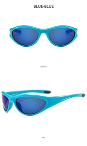 Detailed views of blue Y2K sporty sunglasses from front and side angles on white background