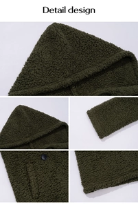 Detailansicht des dunkelgrünen Fleece-Hoodies mit Kapuzendesign, Knöpfen und Taschennähten