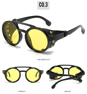 Multi-angle view of round steampunk sunglasses with yellow lenses and black leather side shields