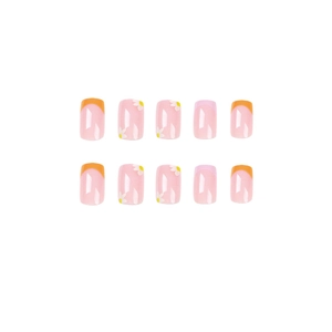 French tip press-on nails with orange and purple floral designs in square-oval shape