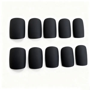 Minimalist matte black square press-on nails set with 10 pieces on white background