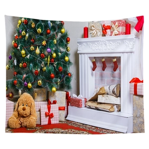 Detail of Christmas tapestry featuring fireplace, decorated tree, and gifts for festive decor