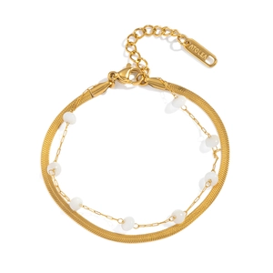 Bracelet double rang en acier inoxydable avec chaîne serpent dorée et perles blanches