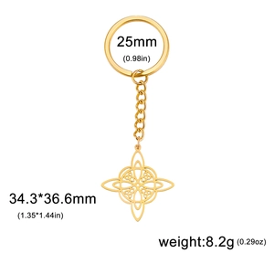 Detail view of golden stainless steel witch knot keychain showing dimensions and weight
