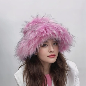 Close-up of pink faux fur bucket hat showing high-quality fluffy texture and long plush fibers