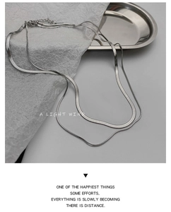 Detailed view of a silver double-layered snake chain necklace on minimalist backdrop