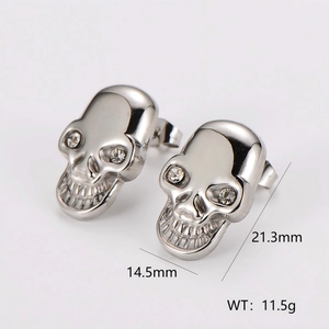 Orecchini a perno teschio vintage hip hop argento con cristalli, 14,5 mm x 21,3 mm, unisex