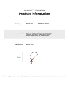 Detailed specs of a brown bear pendant necklace showing 9g weight and 50cm length