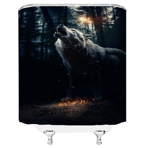 Waterproof bathroom shower curtain featuring a realistic wolf in a dark forest scene