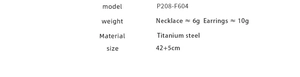 Specifications table for titanium steel hollow heart necklace and earrings set dimensions