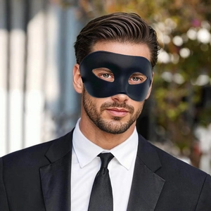 Close-up of a black half-face masquerade mask worn by a man in a black suit and tie