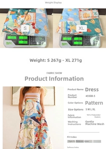 Detailed size chart and weight specifications for a colorful tropical print maxi dress