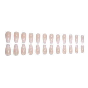 Pearlescent translucent nude pink fake nails set in mid-long trapezoid shape