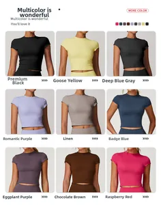Collage of women's short sports crop tops showing nine available vibrant colors