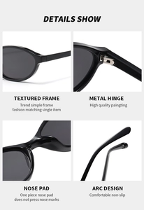 Detail view of oval black sunglasses featuring metal hinges and integrated nose pads